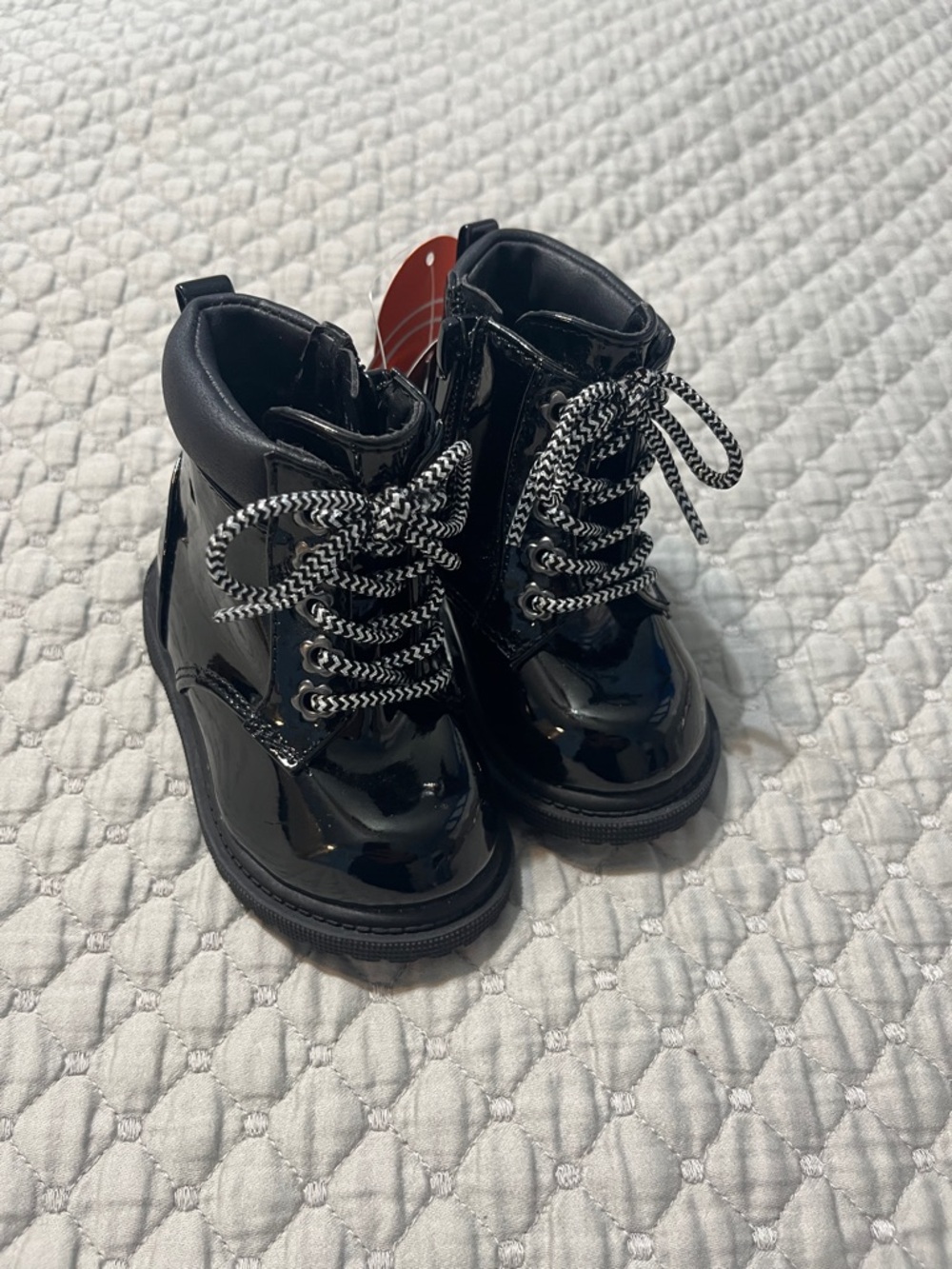 wonder nation Black Patent Lace-Up Kids Boots with Black-and-White Laces